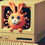 Illustration depicting a rabbit emerging from a computer screen, symbolizing the Rabbit Virus of 1969