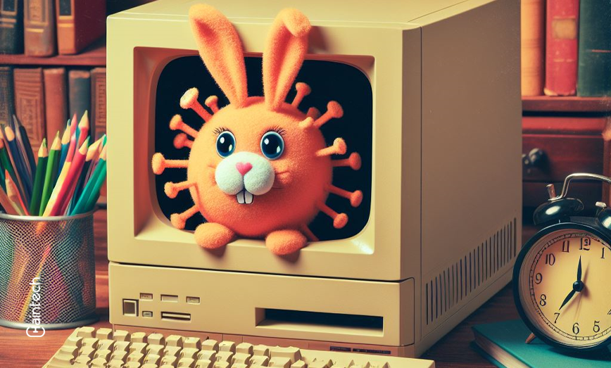 Illustration depicting a rabbit emerging from a computer screen, symbolizing the Rabbit Virus of 1969